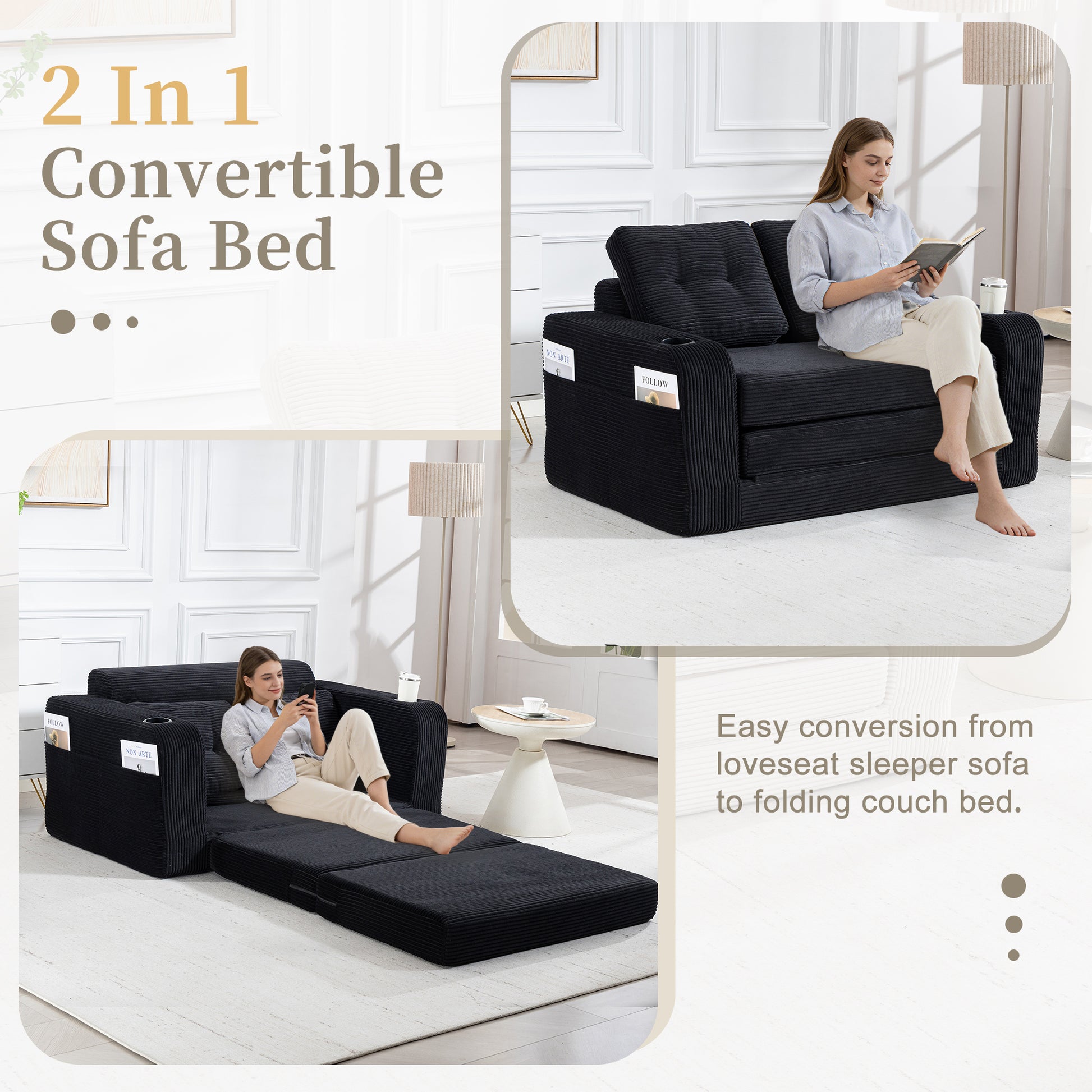 Black Corduroy 2 Seat Sofa Bed - Fold Out Sleeper for Living Room