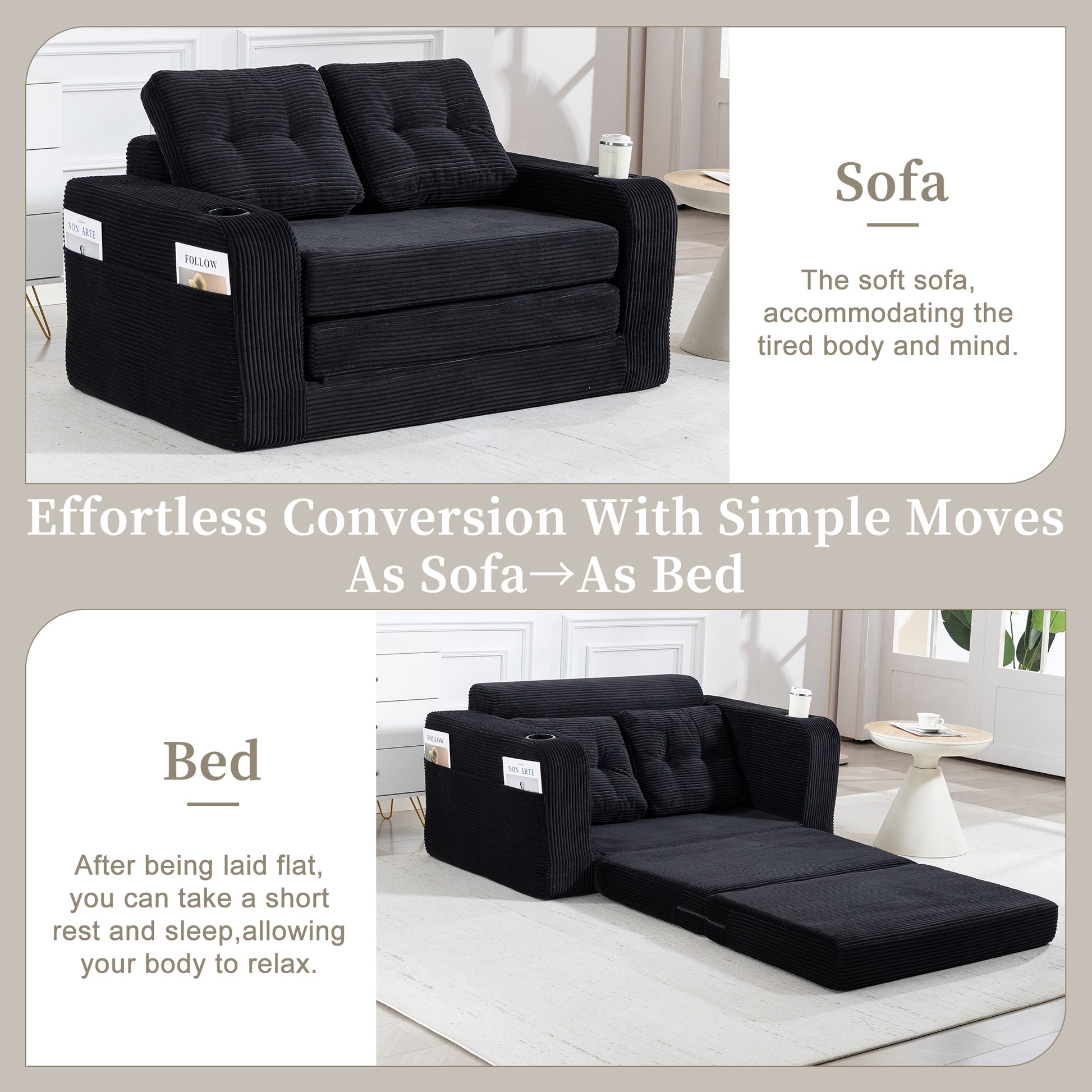 Black Corduroy 2 Seat Sofa Bed - Fold Out Sleeper for Living Room