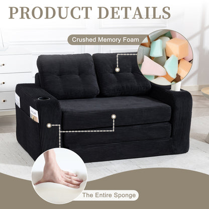 Black Corduroy 2 Seat Sofa Bed - Fold Out Sleeper for Living Room