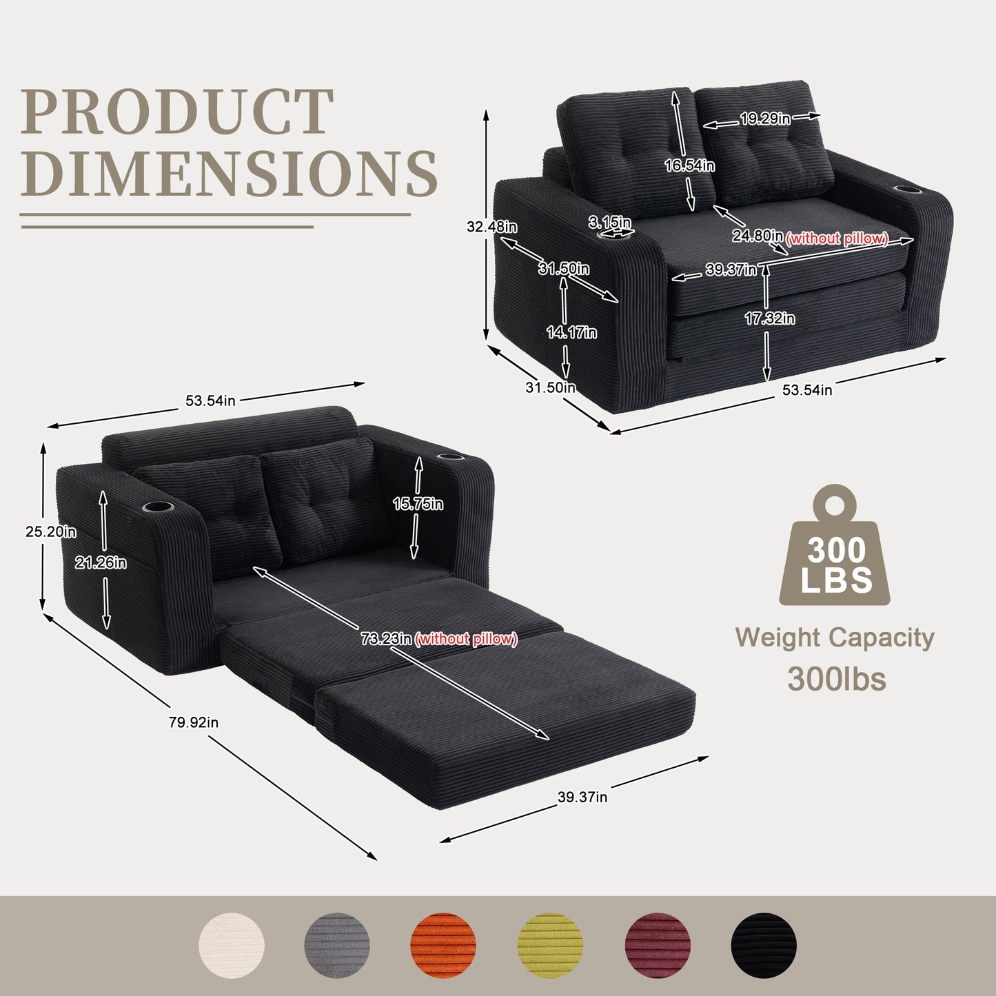 Black Corduroy 2 Seat Sofa Bed - Fold Out Sleeper for Living Room