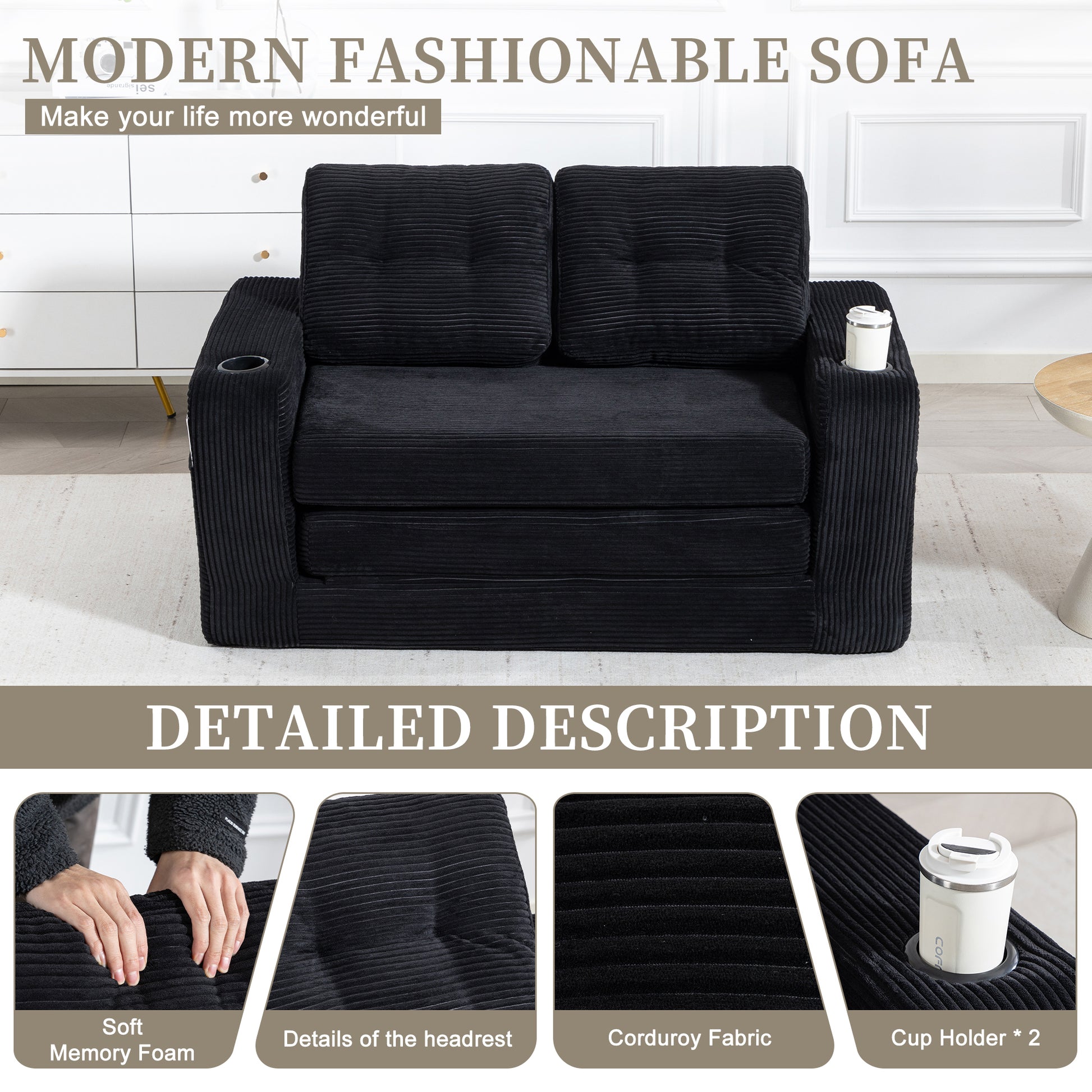Black Corduroy 2 Seat Sofa Bed - Fold Out Sleeper for Living Room