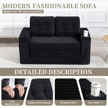 Black Corduroy 2 Seat Sofa Bed - Fold Out Sleeper for Living Room