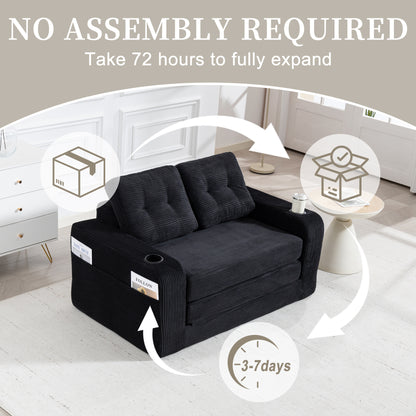 Black Corduroy 2 Seat Sofa Bed - Fold Out Sleeper for Living Room