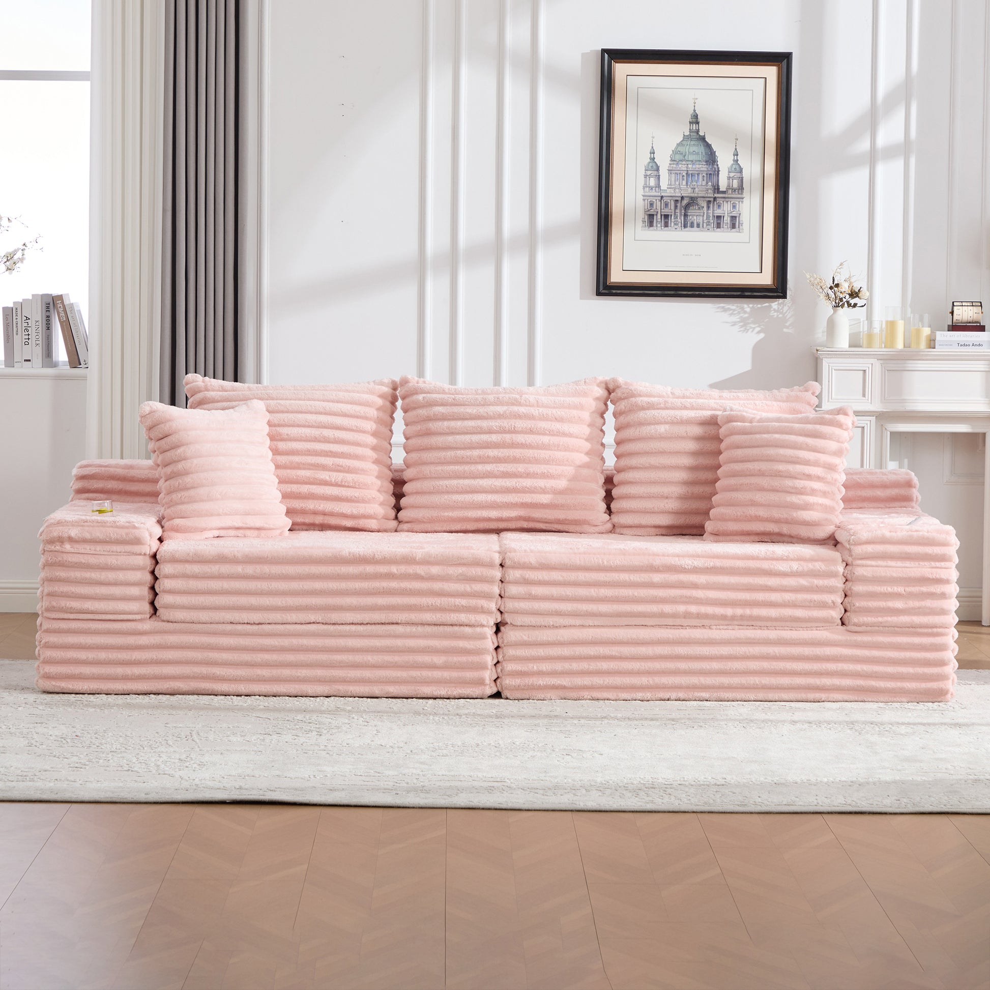 Oversized Boneless Four Seats Sofa with Cup Holder and Side Pockets, Upholstered Corduroy Sofa Bed Cloud Couch with 3 Pillows, 2 Lumbar Pillows.Living Room, Bedroom,No Assembly ,Breathable material
