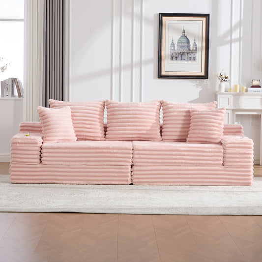 Oversized Boneless Four Seats Sofa with Cup Holder and Side Pockets, Upholstered Corduroy Sofa Bed Cloud Couch with 3 Pillows, 2 Lumbar Pillows.Living Room, Bedroom,No Assembly ,Breathable material