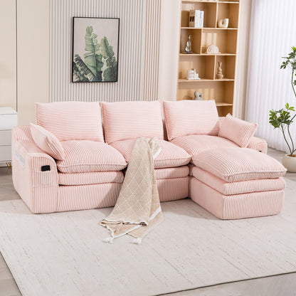 L Shaped Compressed Modular Sectional Sofa Modern Corduroy Upholstered Boneless Couches with Movable Footstool,With Three Pillows and Two Lumbar Pillows,Detachable Cloud Seat Cushions