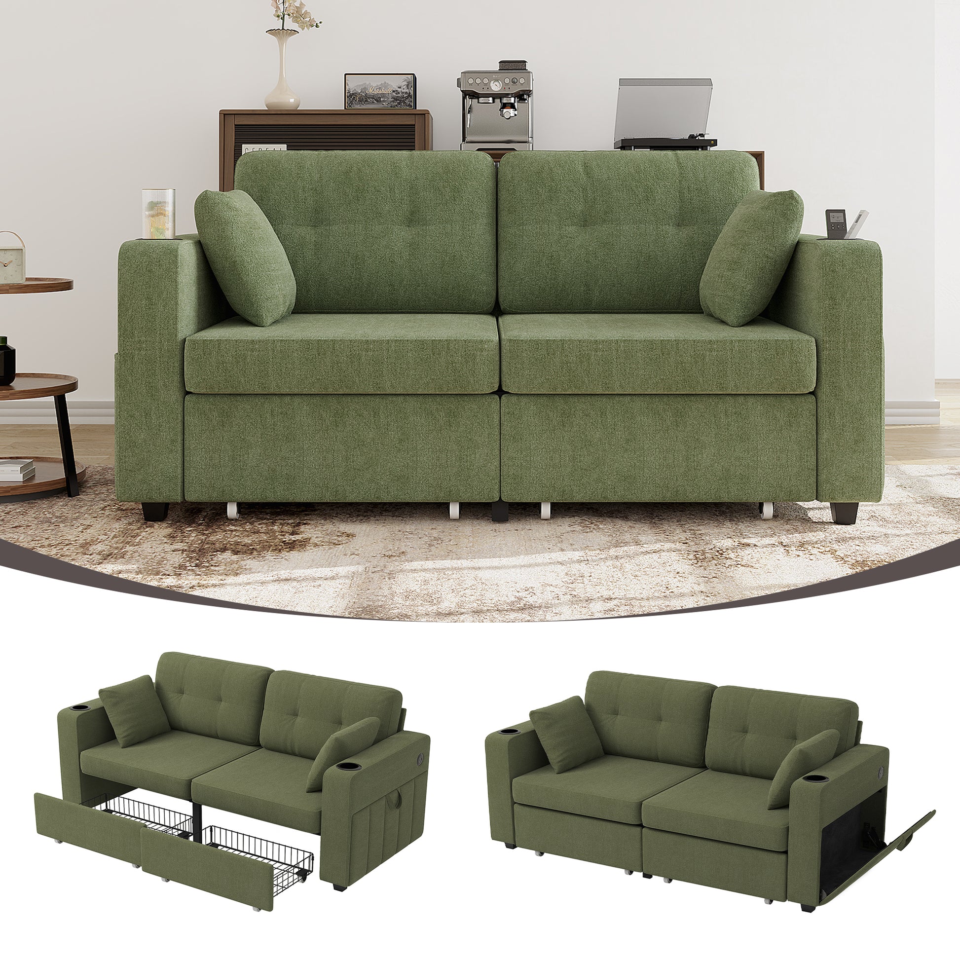 Sofas for Living Room, Couch Set,3 Seats Sofa, USB Charging,Wood Frame,Easy to Install,with Storage, Charging Station,Cup Holder,Modern Sectional Sofas for Living Room, Apartment,Chenille Fabric