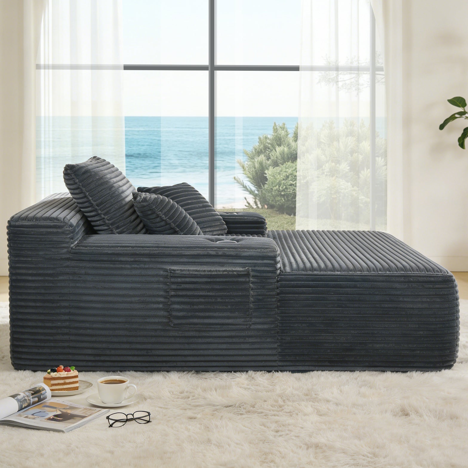 Grey Fabric Chaise Lounge Chair - Sleeper Sofa Bed for Living Room