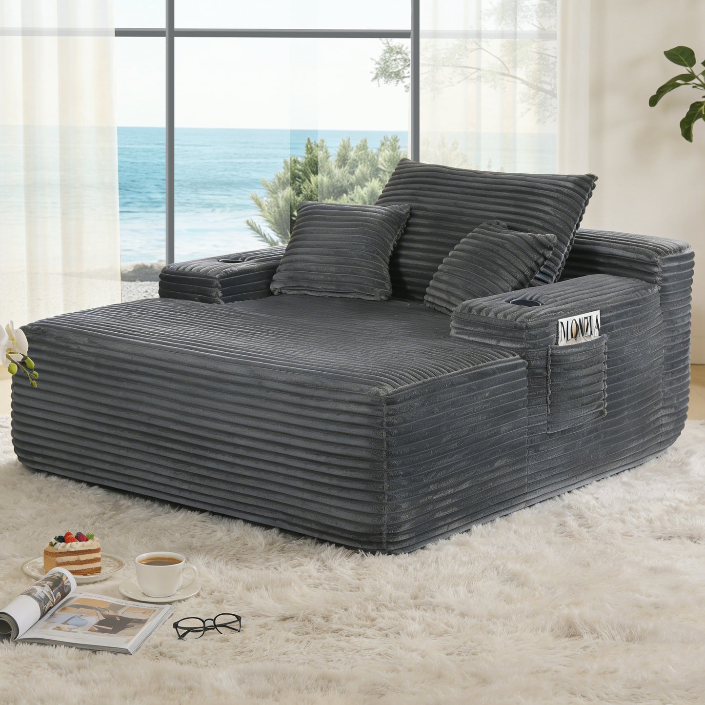 NEW Convertible Chaise Lounge Chair Plush with Wide Armrest & Throw Pillows, Cozy Boneless Sleeper Sofa Bed Armchair,with cup holder, for Living Room, Bedroom, No Assembly Required,Grey