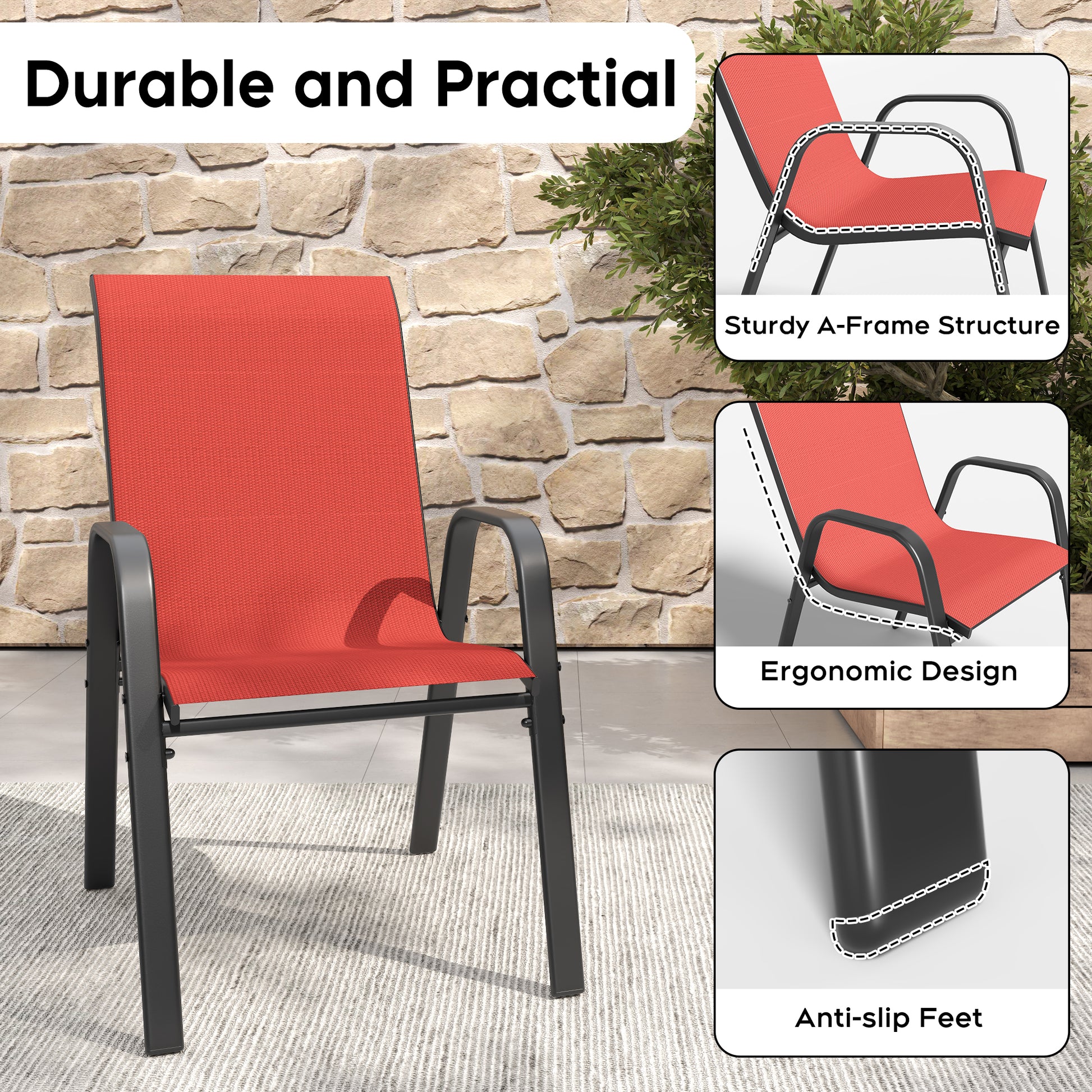 6-Piece Black+Red Outdoor Patio Seating Set - Rust Resistant Frame