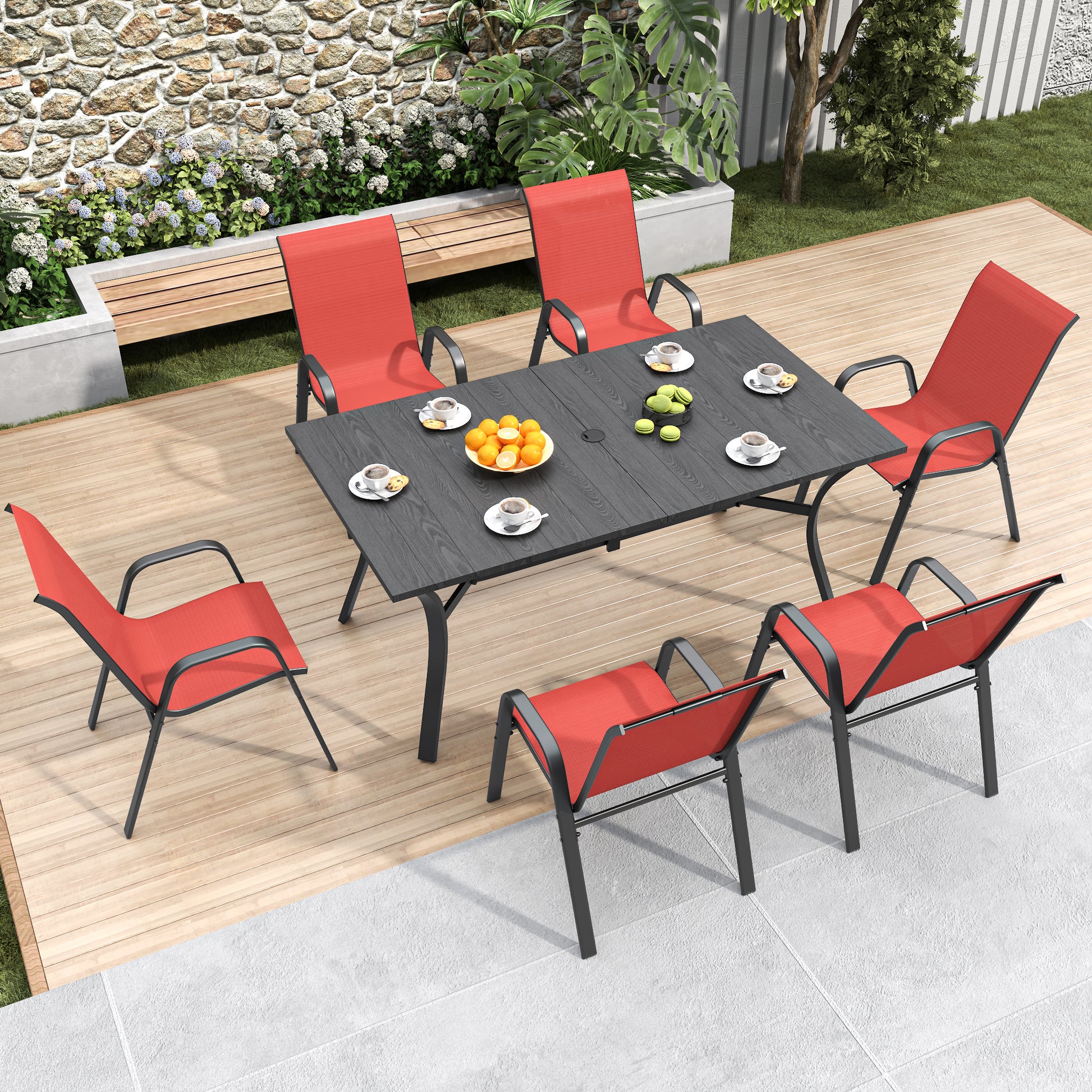 6-Piece Black+Red Outdoor Patio Seating Set - Rust Resistant Frame