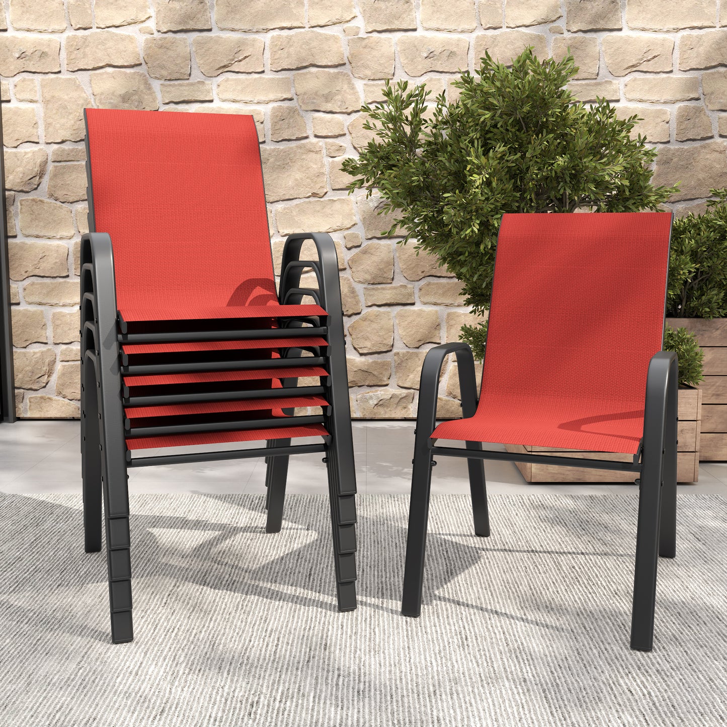6-Piece Black+Red Outdoor Patio Seating Set - Rust Resistant Frame