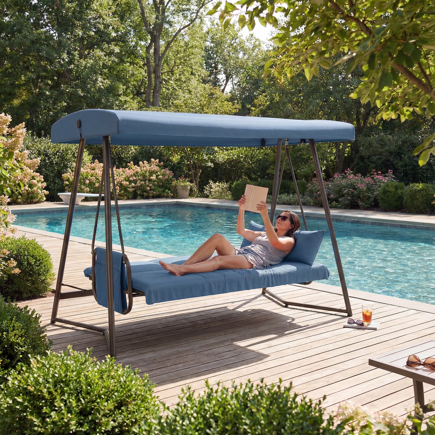 3-in-1 Hanging Patio Swing Bed with Adjustable Canopy, 3-Seater Supports 600 lbs, 45° Tilt Canopy, Outdoor Waterproof & Rust-Resistant, BLUE