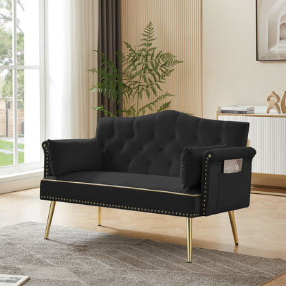Black Velvet 2-Seat Sofa - Modern Bedroom Sofa for Living Room