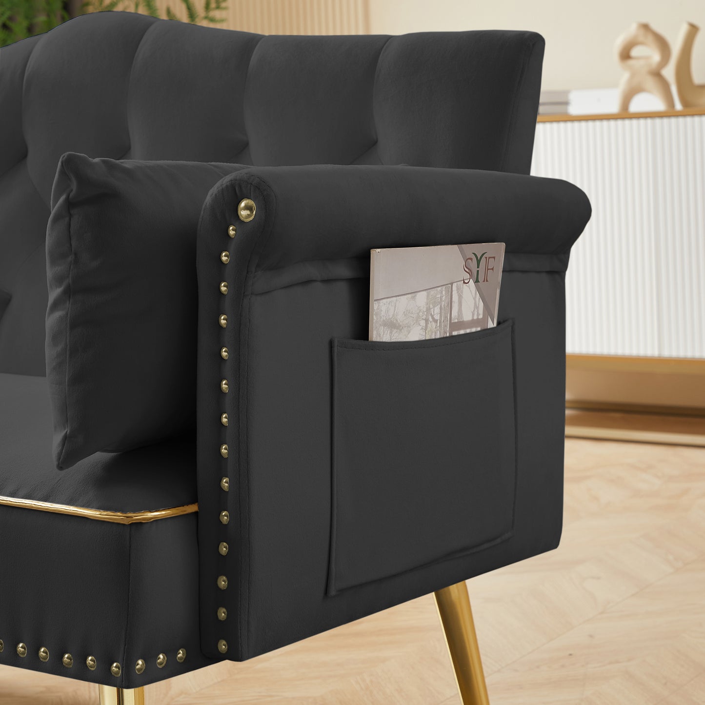Black Velvet 2-Seat Sofa - Modern Bedroom Sofa for Living Room