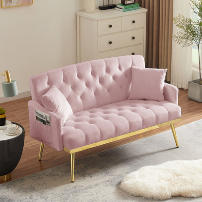 Pink Velvet Small Sofa with Gold Legs - 2 Seats for Living Room