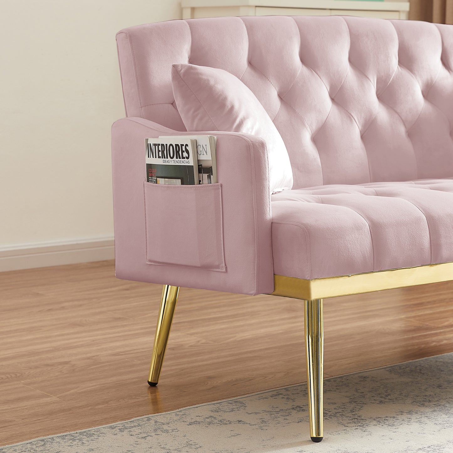 Pink Velvet Small Sofa with Gold Legs - 2 Seats for Living Room