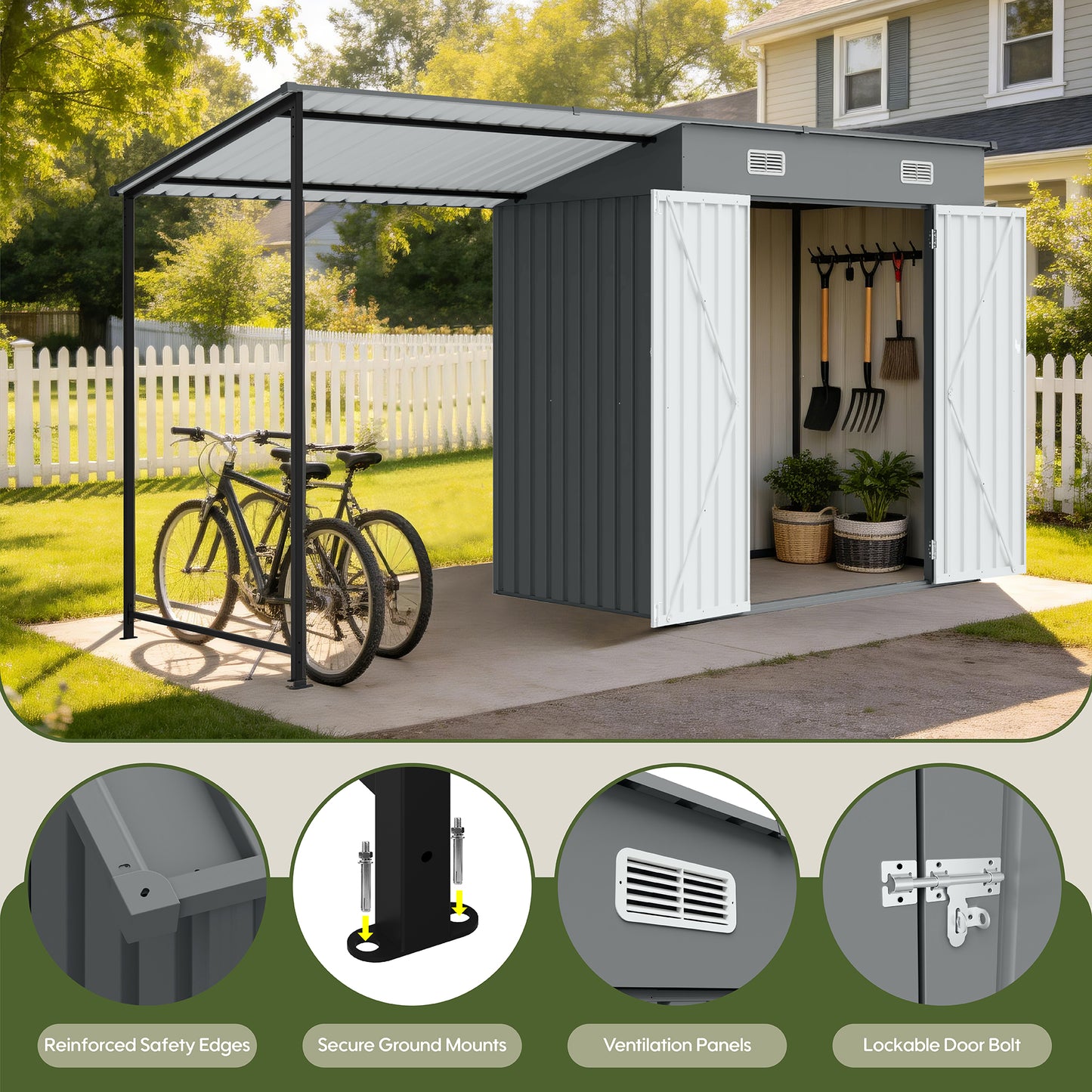Gray Metal 2-in-1 Garden Shed with Pergola for Patio Storage