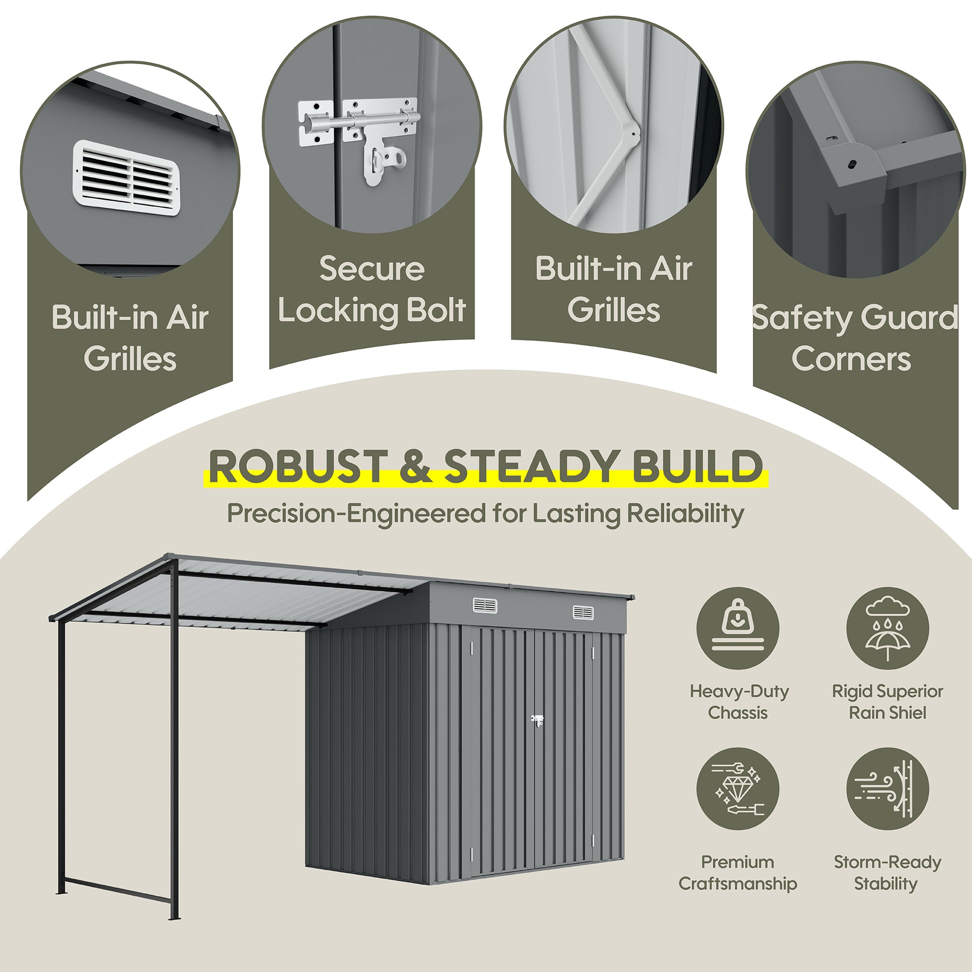 Gray Metal 2-in-1 Garden Shed with Pergola for Patio Storage