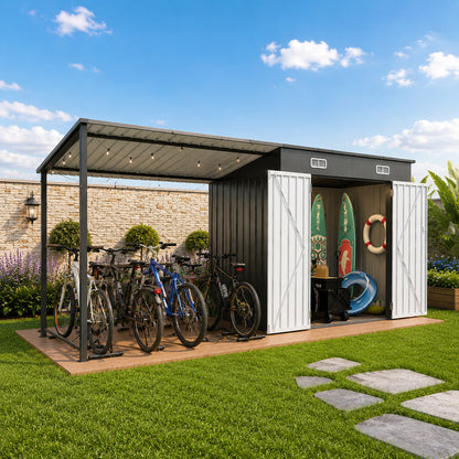 Gray Metal 2-in-1 Garden Shed with Pergola for Patio Storage