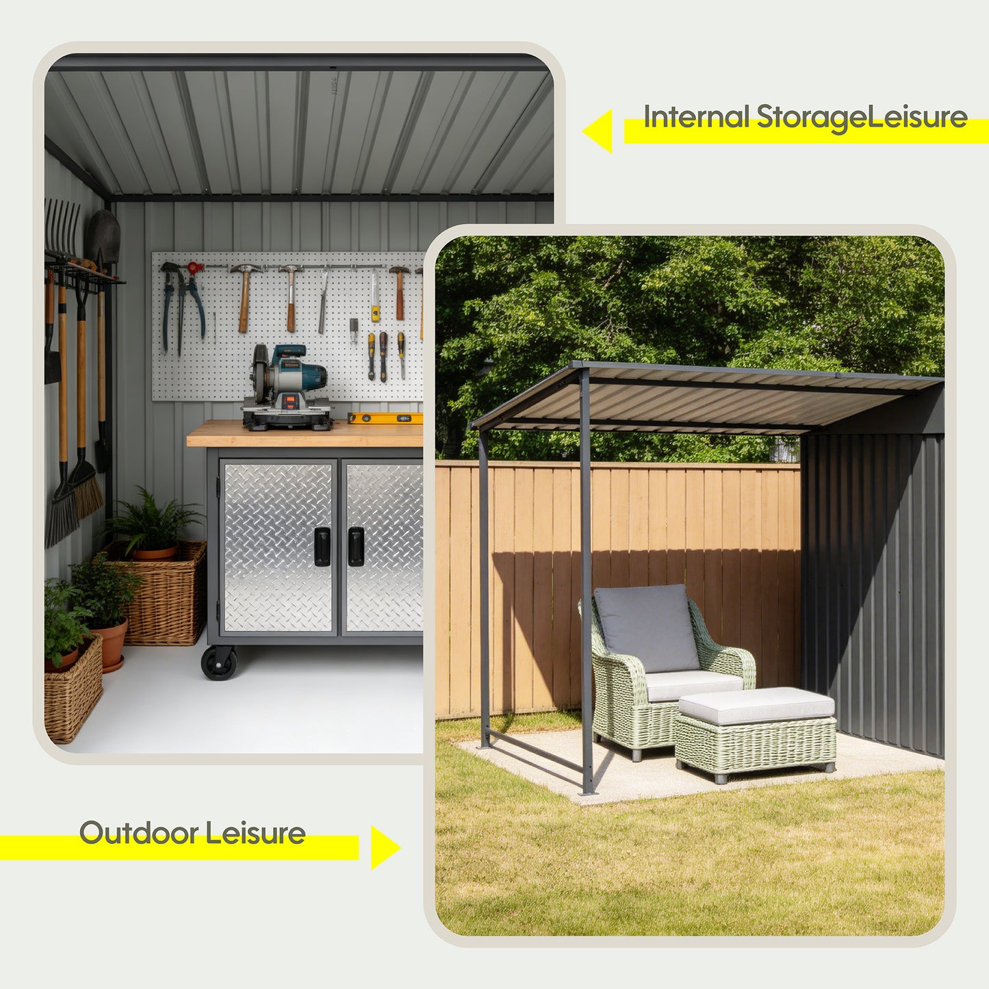 Gray Metal 2-in-1 Garden Shed with Pergola for Patio Storage
