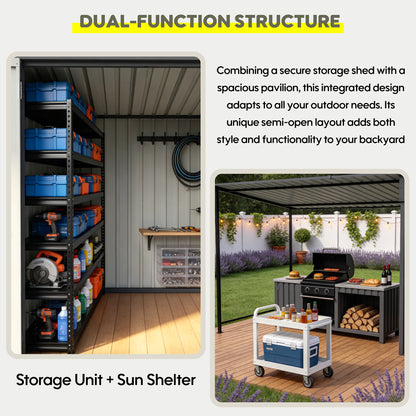 Gray Metal 2-in-1 Garden Shed with Pergola for Patio Storage