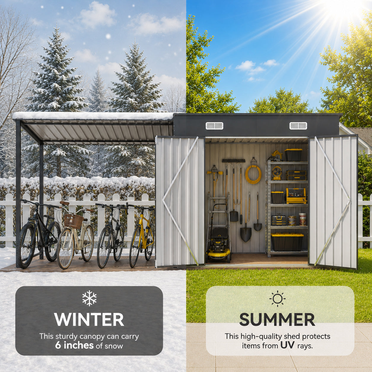 Gray Metal 2-in-1 Garden Shed with Pergola for Patio Storage