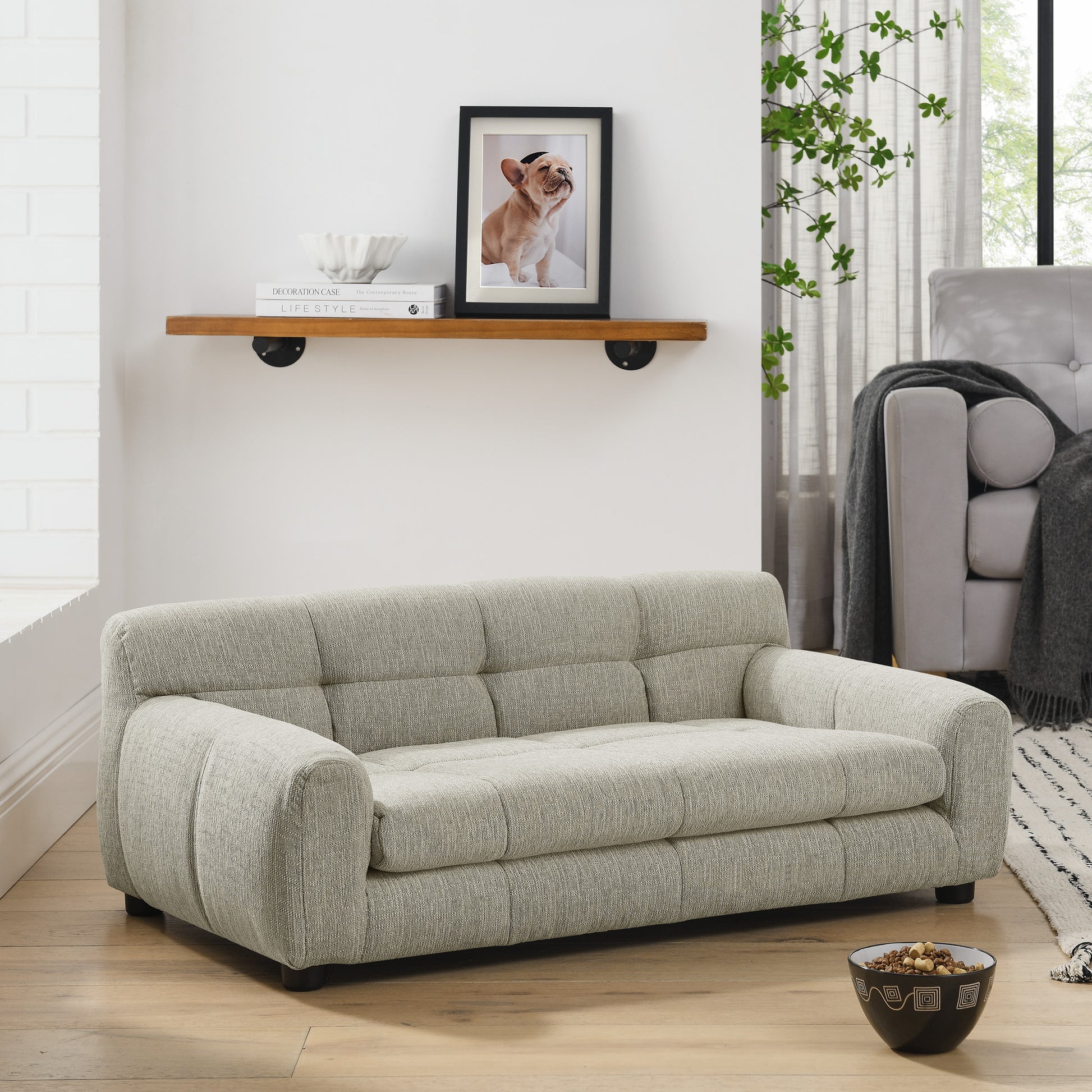 Soft Beige Foam Pet Sofa with Backrest & Armrests - Large Dog Bed