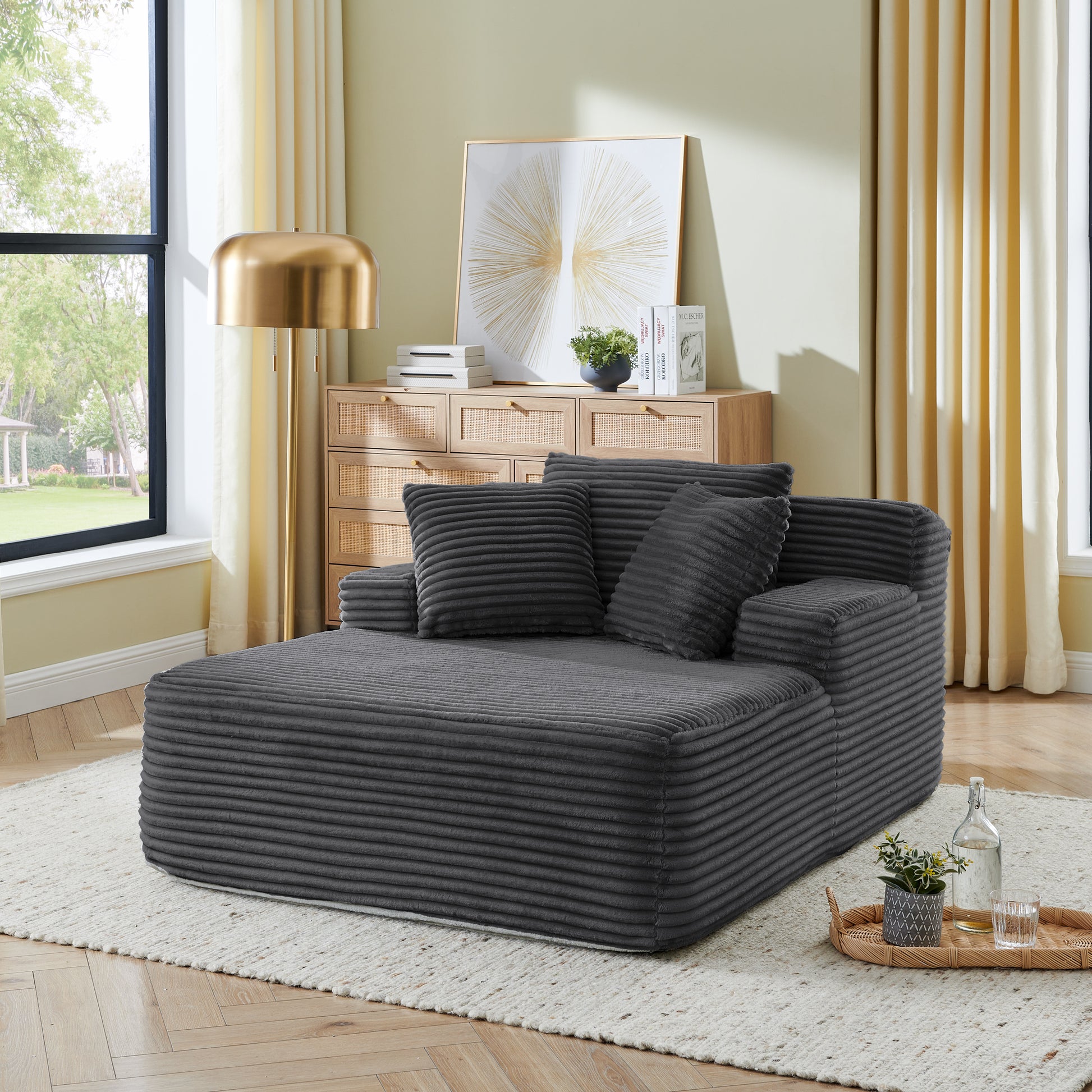 Single lazy sofa lounge chair, no assembly required, made of velvet fabric, fluffy modern single lounge chair, used for indoor living rooms and bedrooms-Dark Gray