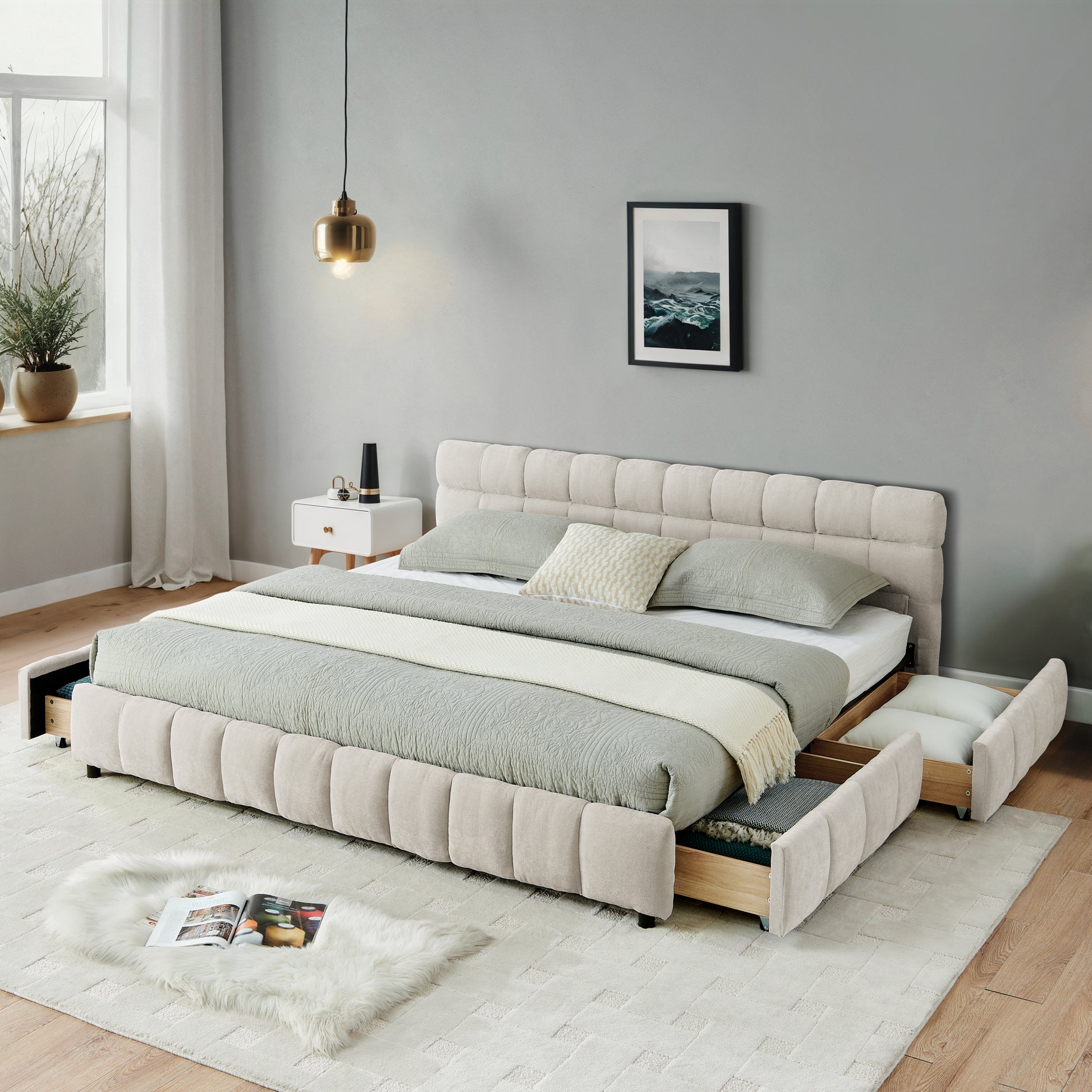 California King Upholstered Bed - Beige Foam Comfort & Storage