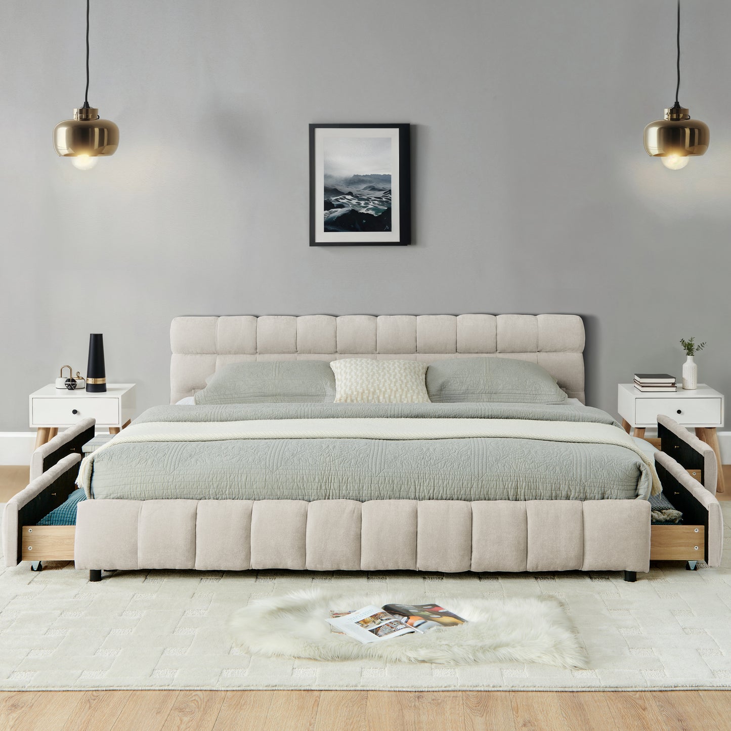 California King Upholstered Bed - Beige Foam Comfort & Storage