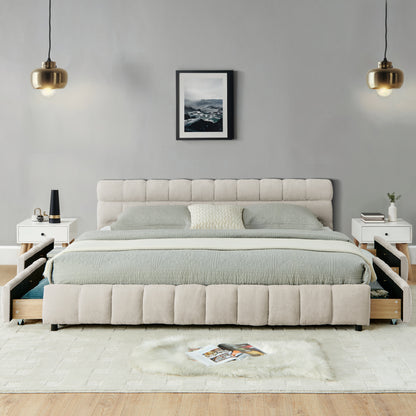 California King Upholstered Bed - Beige Foam Comfort & Storage