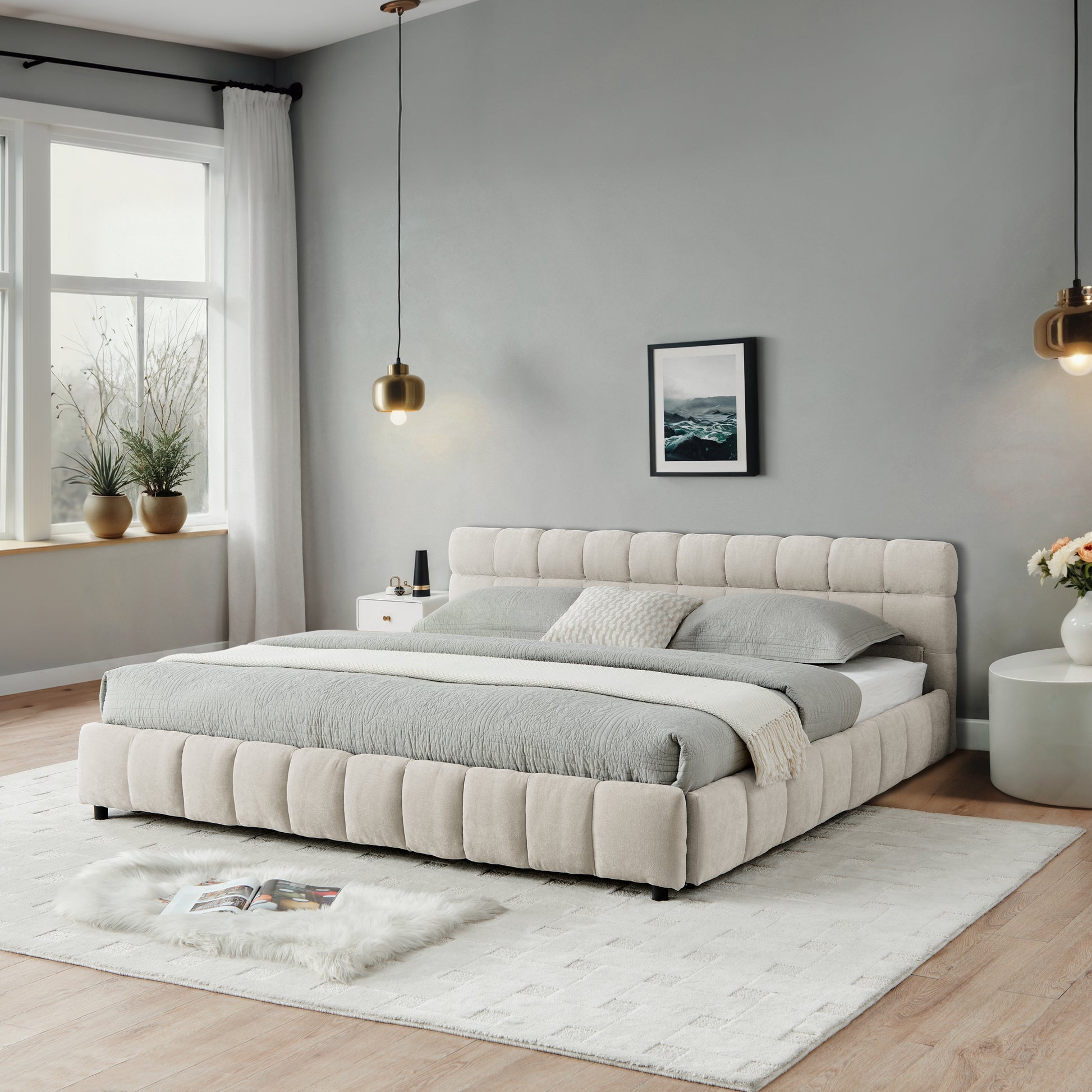 California King Upholstered Bed - Beige Foam Comfort & Storage