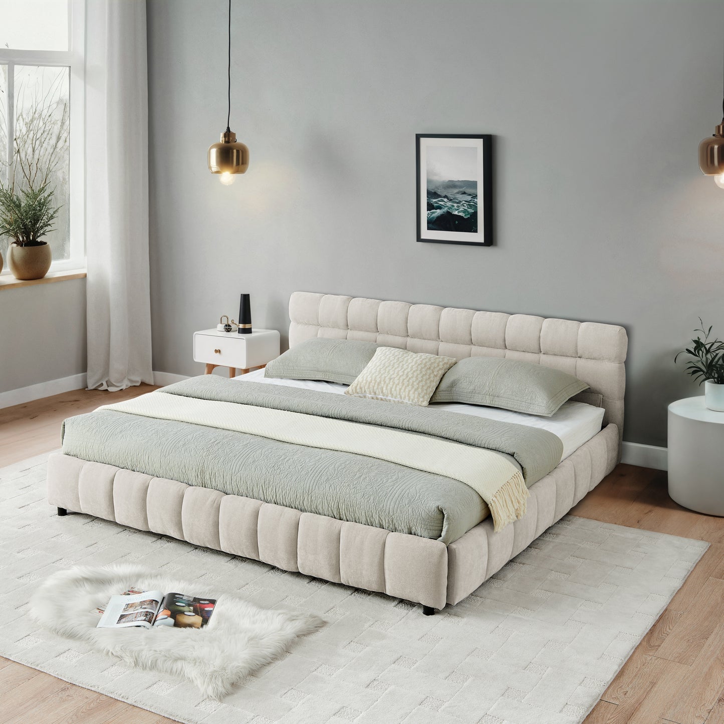 California King Upholstered Bed - Beige Foam Comfort & Storage