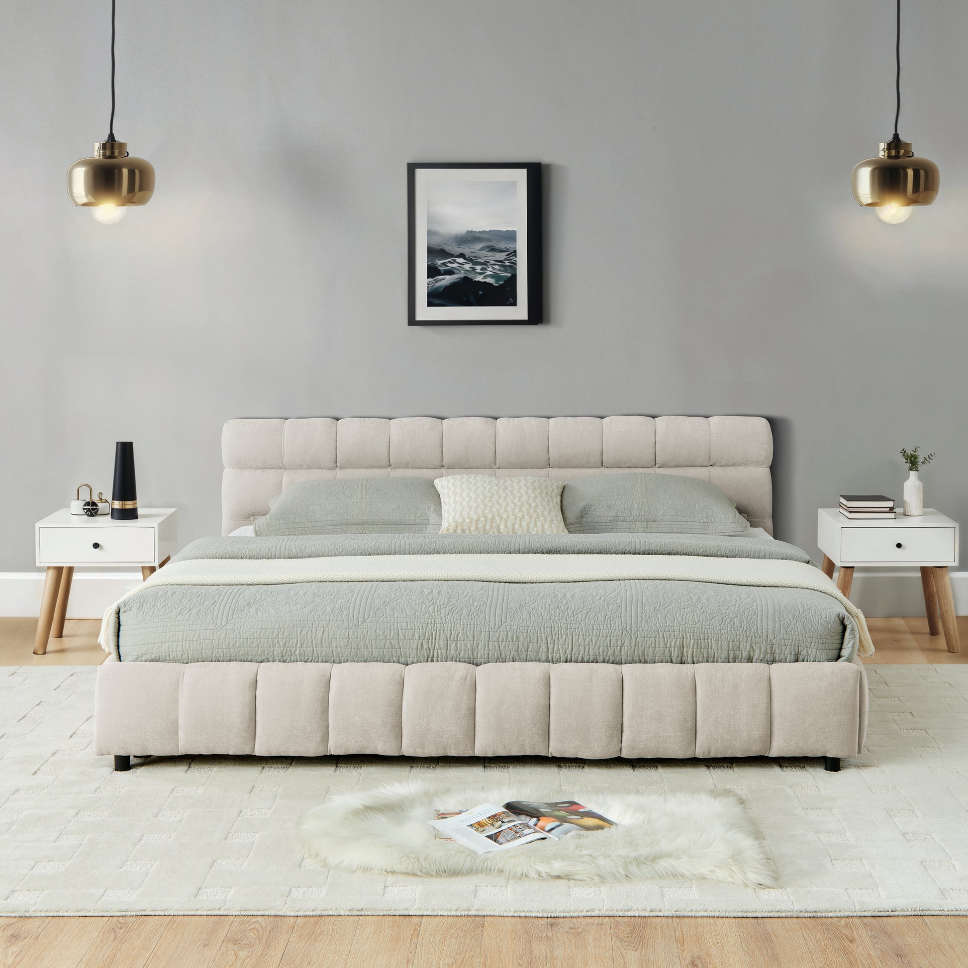 California King Upholstered Bed - Beige Foam Comfort & Storage