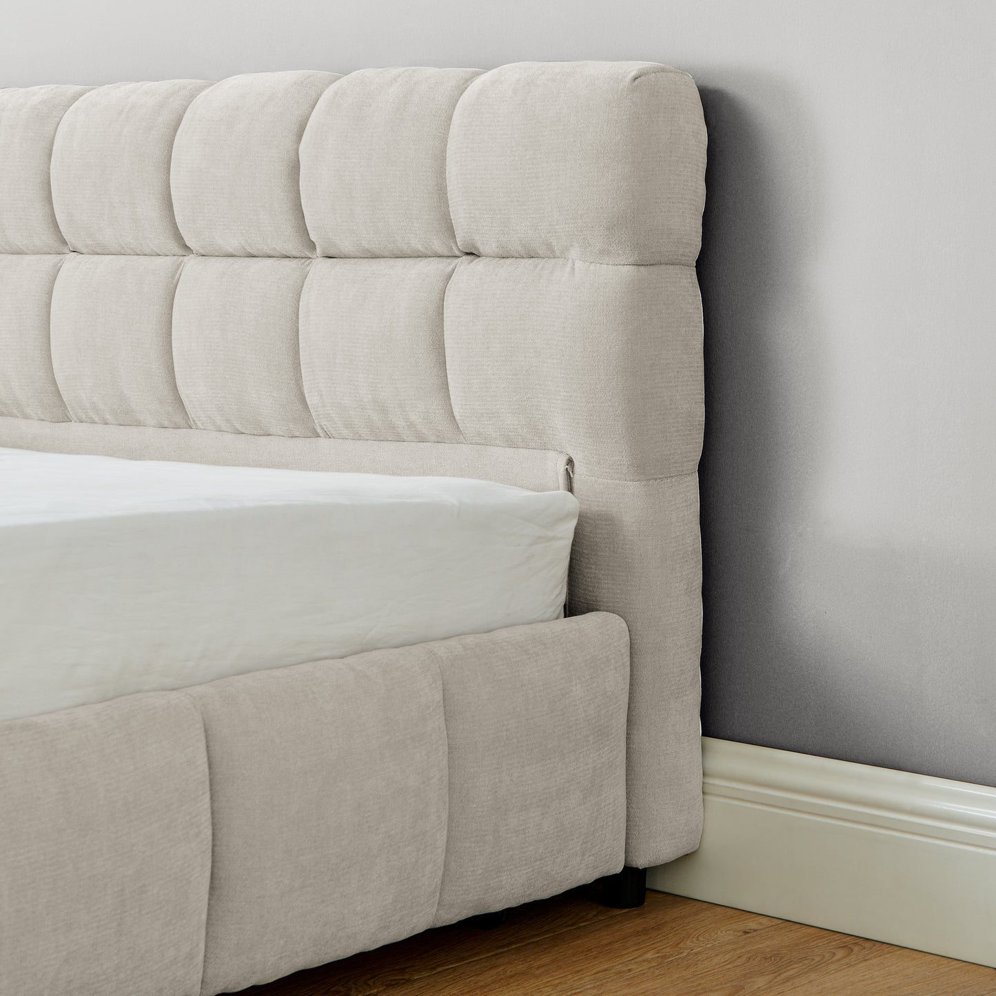 California King Upholstered Bed - Beige Foam Comfort & Storage