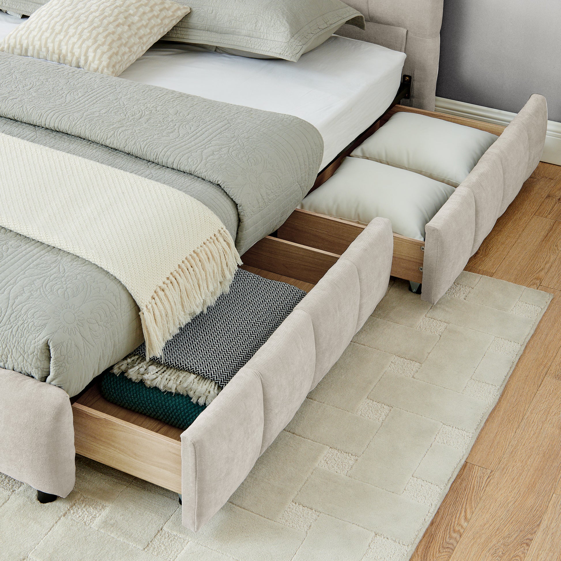 California King Upholstered Bed - Beige Foam Comfort & Storage