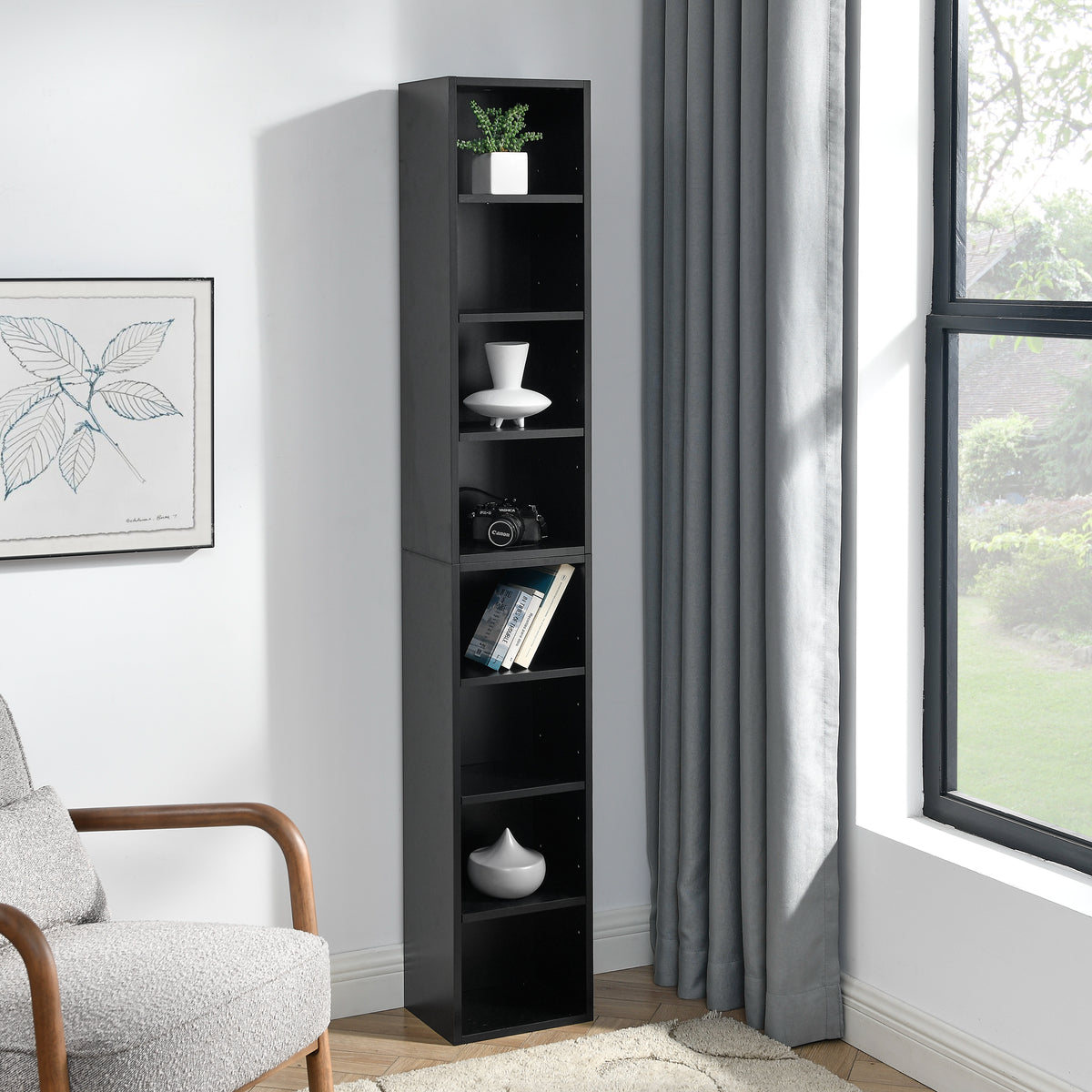 8-Tier Black MDF Media Tower Rack Storage Cabinet for Living Room