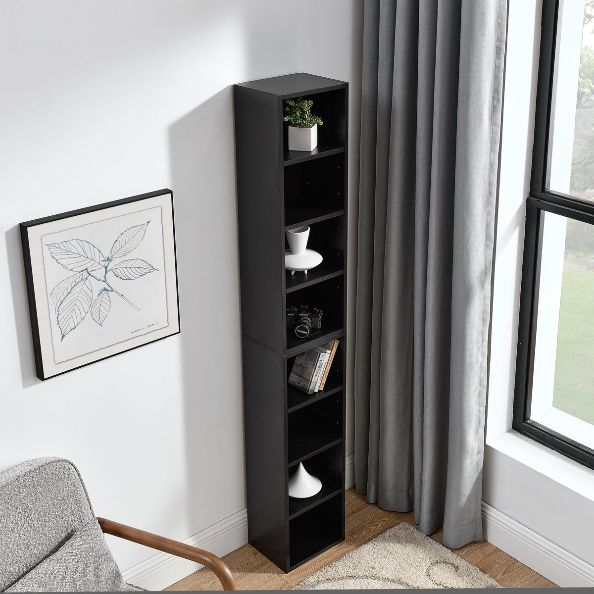 8-Tier Black MDF Media Tower Rack Storage Cabinet for Living Room