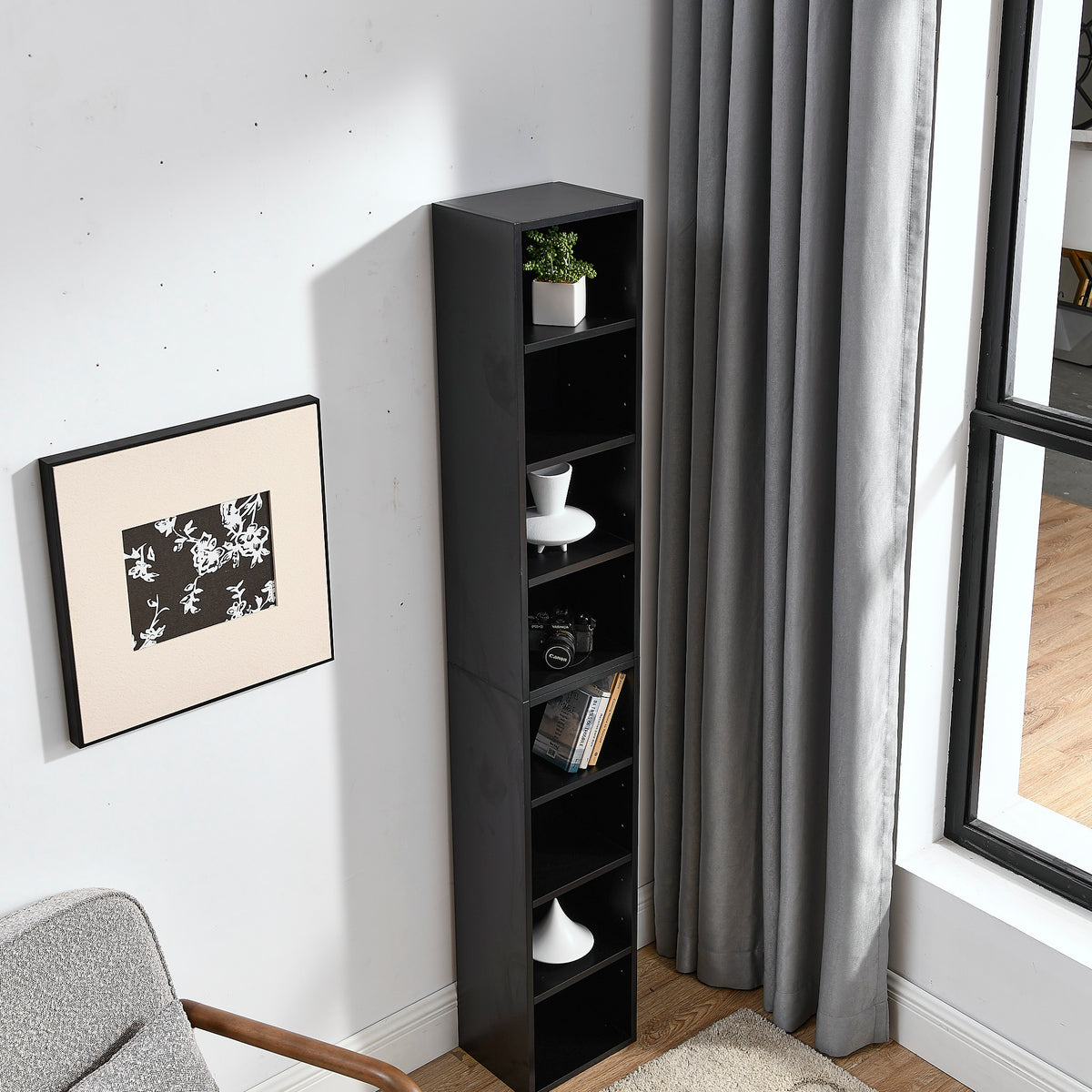 8-Tier Black MDF Media Tower Rack Storage Cabinet for Living Room