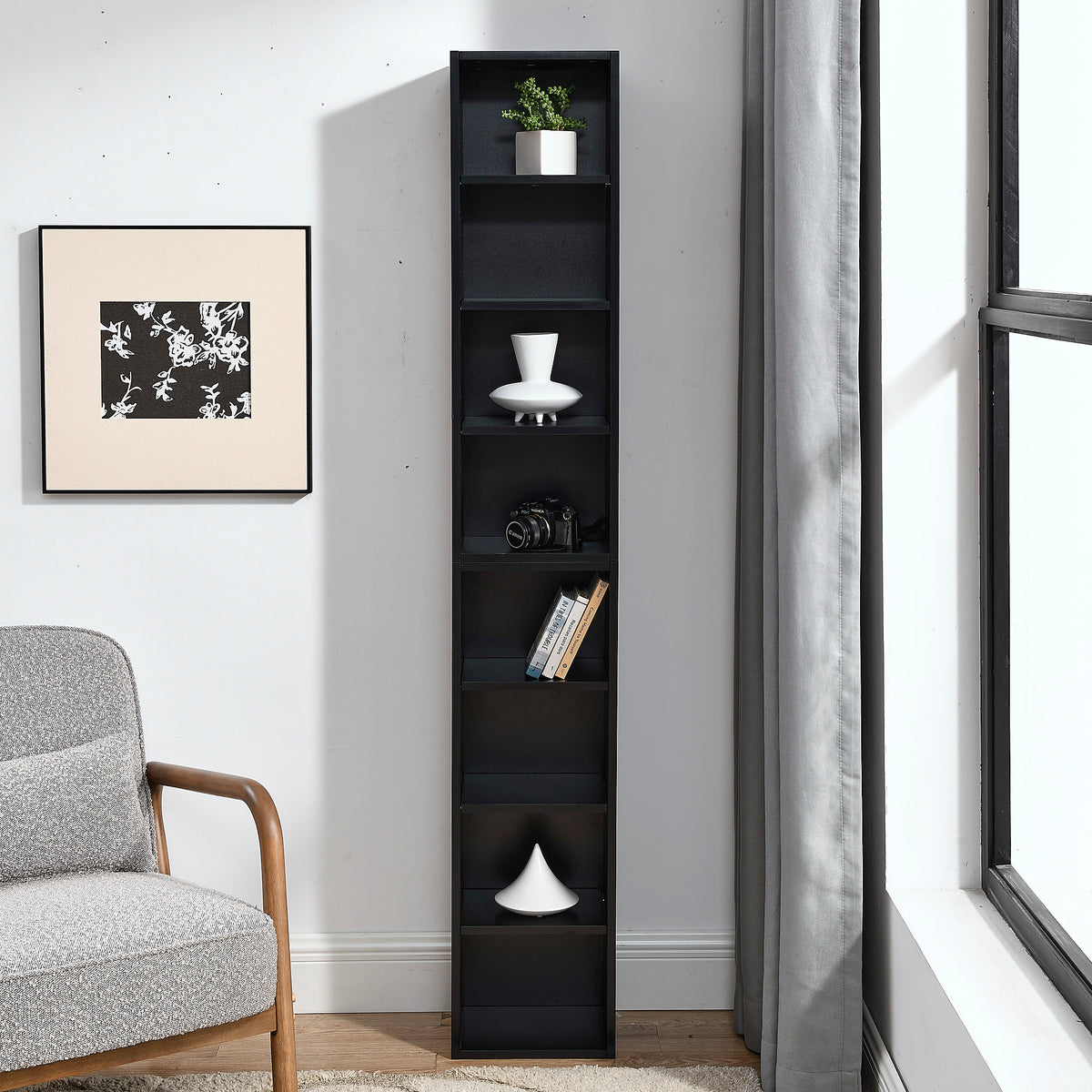 8-Tier Black MDF Media Tower Rack Storage Cabinet for Living Room