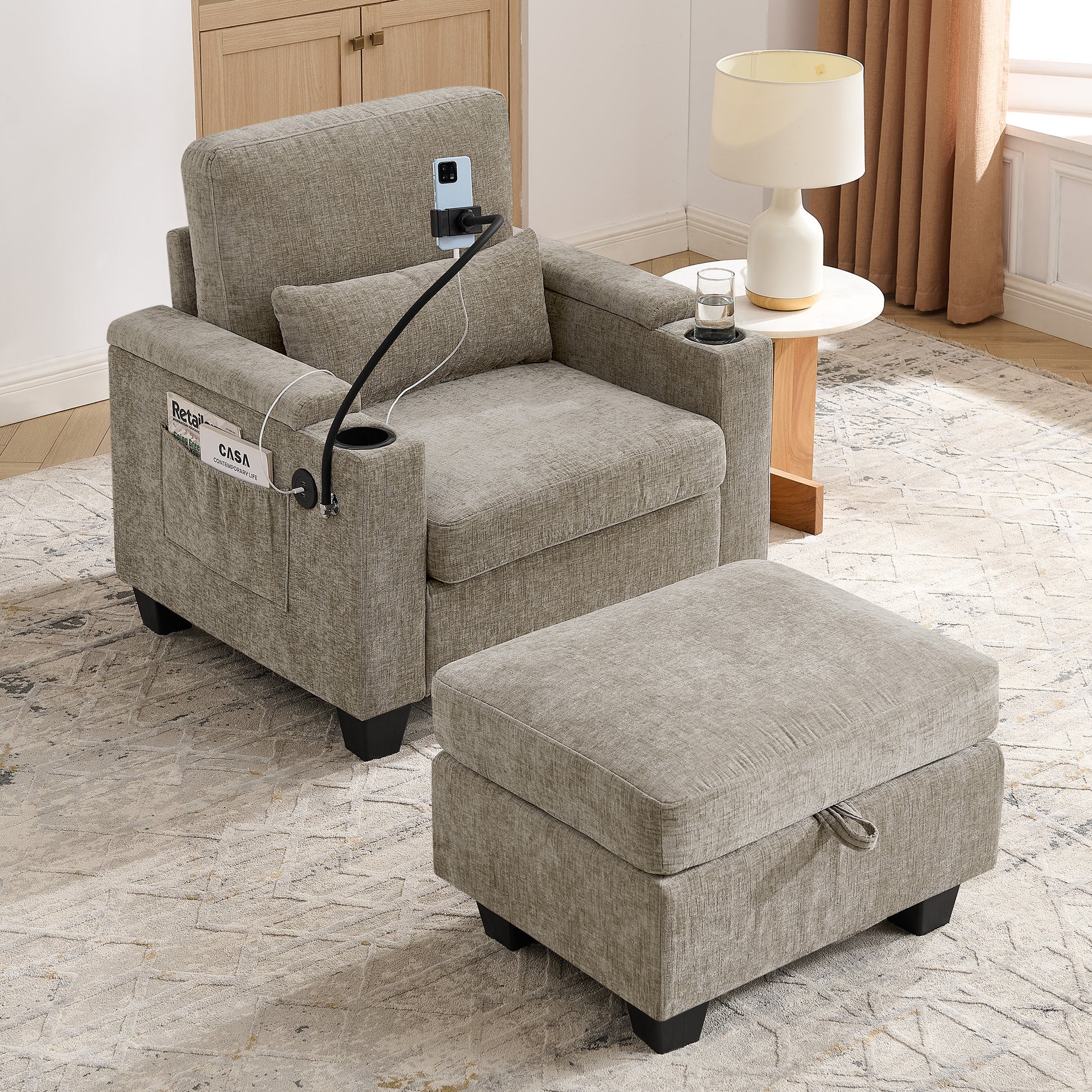 Living Room Brown Single Sofa Recliner with USB Charging and Hidden Storage Ottoman