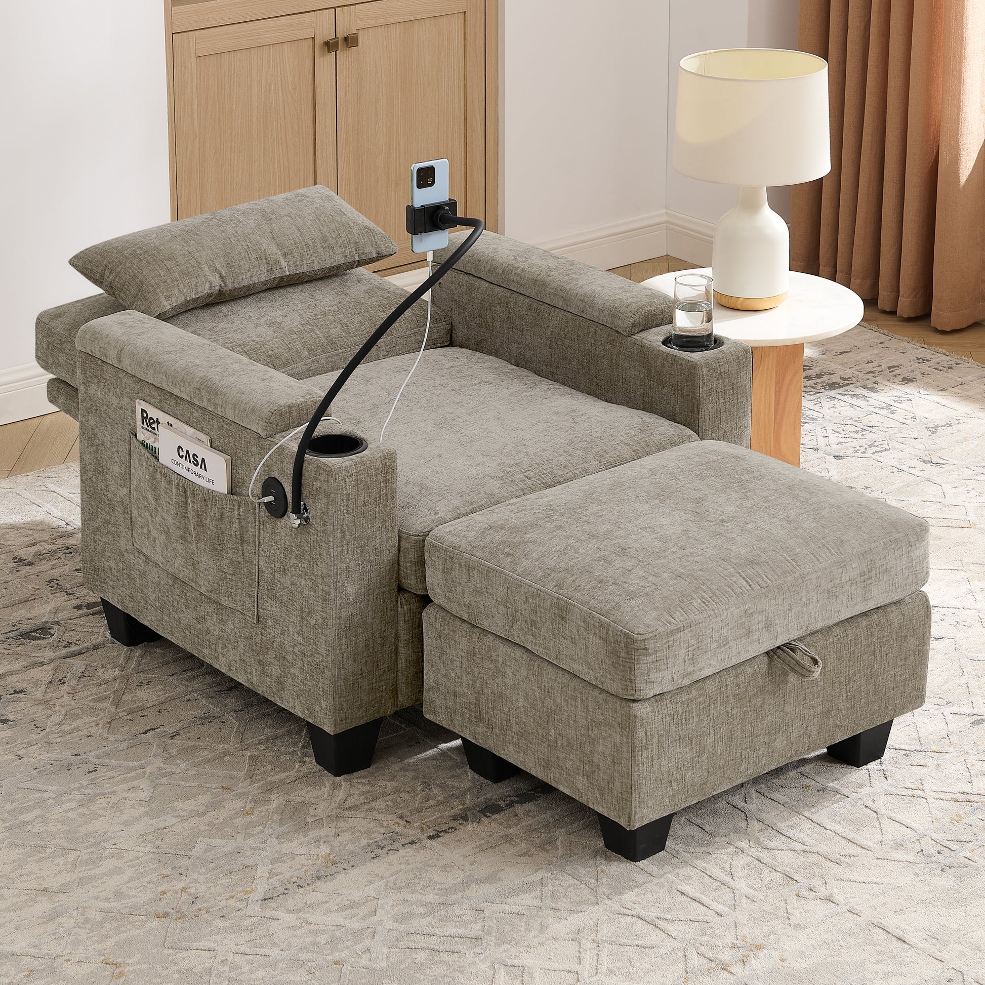 Living Room Brown Single Sofa Recliner with USB Charging and Hidden Storage Ottoman