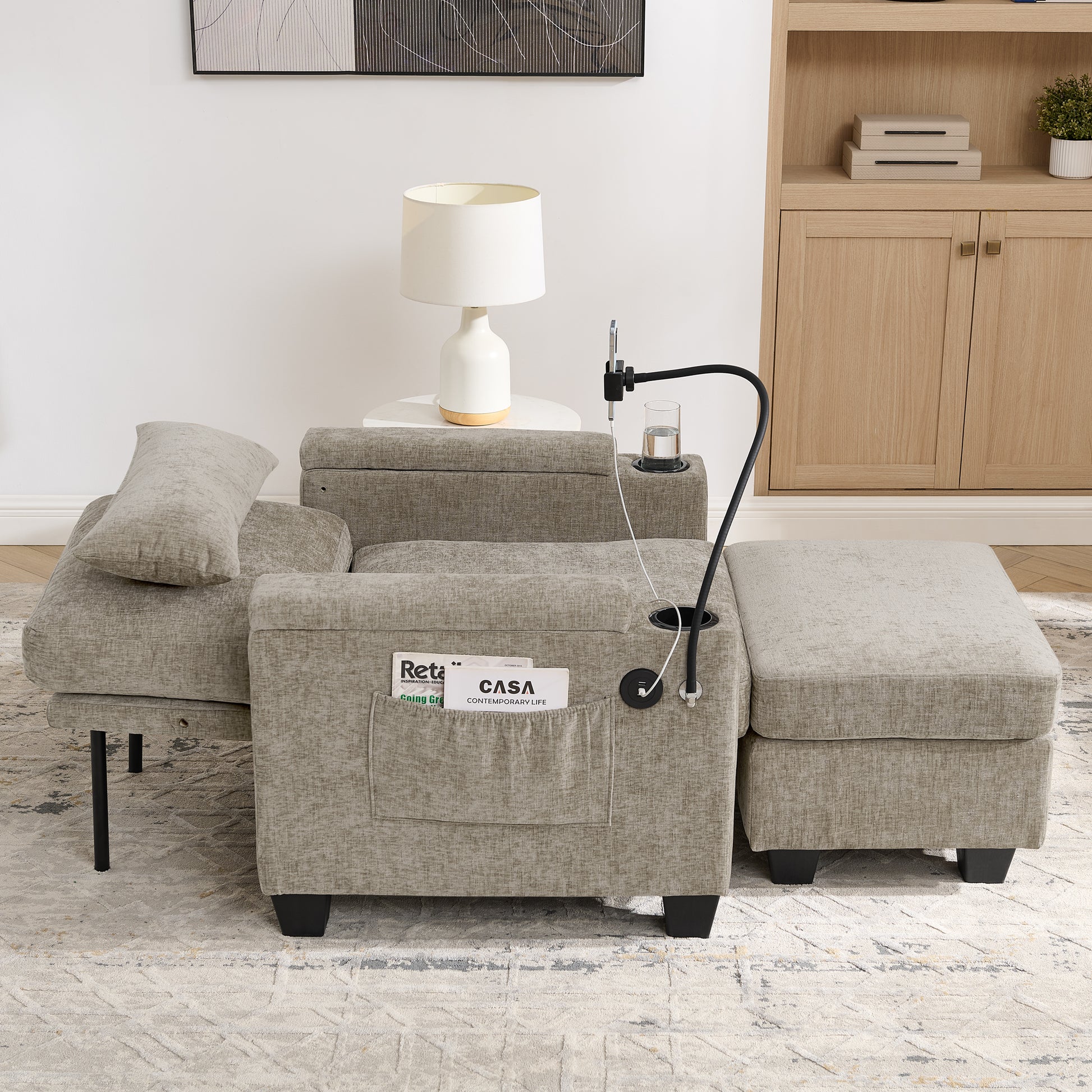 Living Room Brown Single Sofa Recliner with USB Charging and Hidden Storage Ottoman