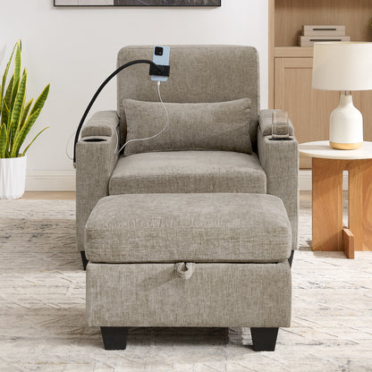 Living Room Brown Single Sofa Recliner with USB Charging and Hidden Storage Ottoman