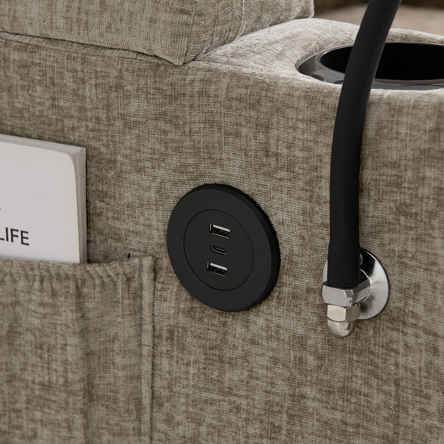 Living Room Brown Single Sofa Recliner with USB Charging and Hidden Storage Ottoman