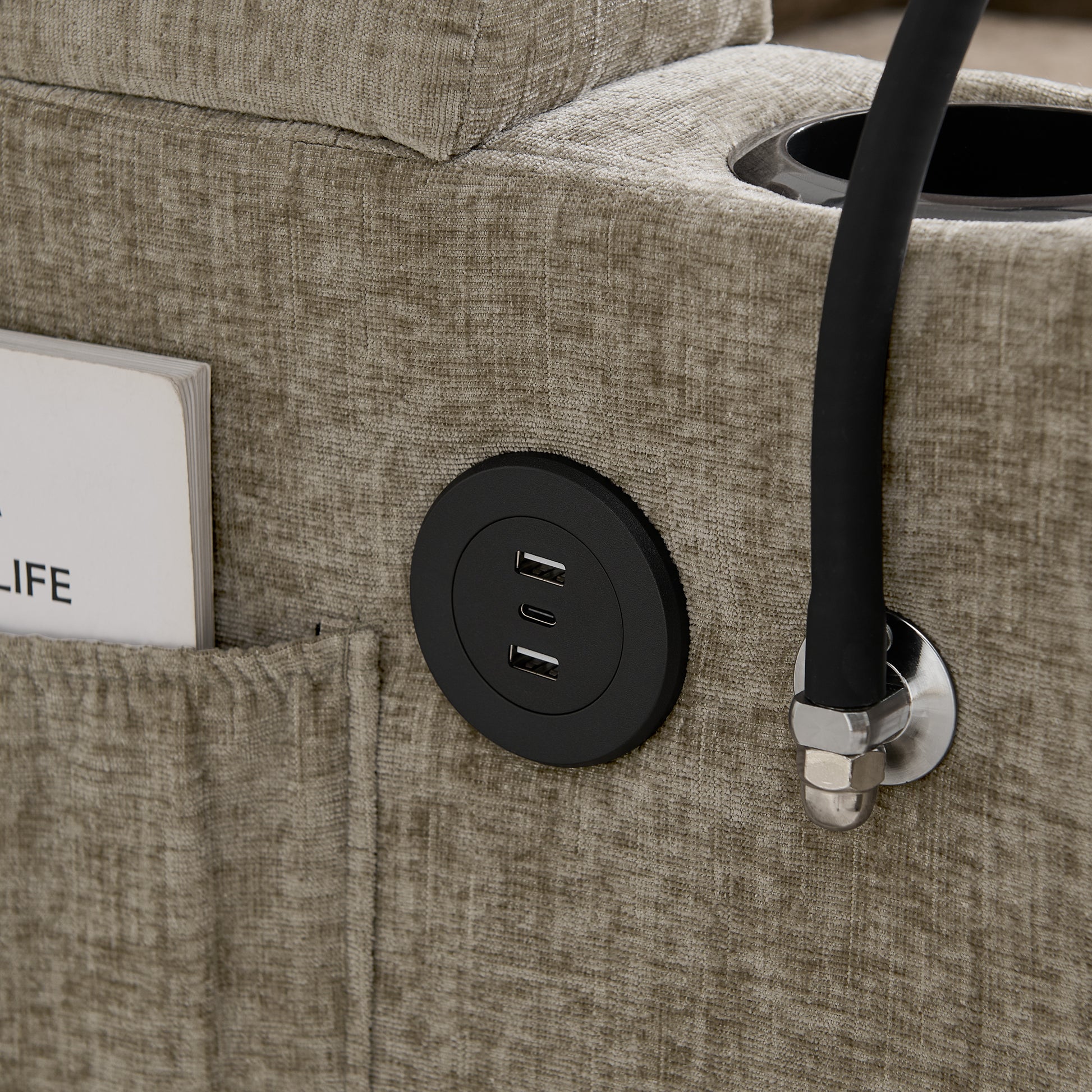 Living Room Brown Single Sofa Recliner with USB Charging and Hidden Storage Ottoman
