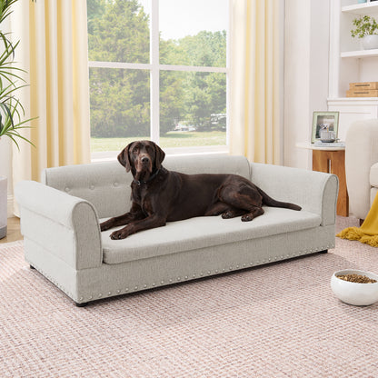 Oversized Pet Sofa ,Elegant Modern Linen Fabric Elevated Dog Sofa Bed, Comfortable Oversized Rectangular Pet Bed with Backrest & Armrest for Large & Oversized Dogs-Beige
