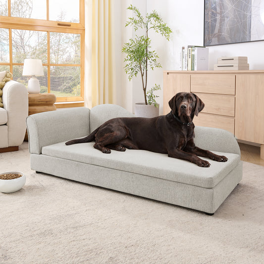 Oversized Pet Sofa for Medium/Large Dogs - Modern Irregular Wave Backrest, Single Armrest, Premium Breathable Linen Fabric, Soft Cushion & Low Plastic Feet-Beige