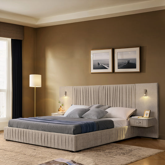 Queen Foam Bed Frame Beige Pleated Headboard for Bedroom